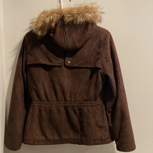 Calvin Klein Hooded Winter‎ Jacket Faux Suede Brown Women's X-Small Y2K - Picture 3 of 10
